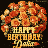 Animated bouquet of orange roses with moving butterfles and golden 'Happy Birthday Dalia' text, surrounded by sparkling accents and a dark backdrop for a luxurious feel.