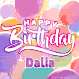 A vibrant name GIF featuring colorful balloons in shades of pink, orange, and yellow with the bold text 'Happy Birthday Dalia' in festive fonts, creating a lively birthday vibe.
