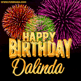A golden 'Happy Birthday Dalinda' message with vibrant fireworks in the background, creating a festive and celebratory vibe in this animated name GIF.