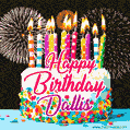 Amazing Animated GIF Image for Dallis with Birthday Cake and Fireworks