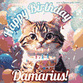 Happy birthday gif for Damarius with cat and cake