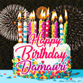 Amazing Animated GIF Image for Damauri with Birthday Cake and Fireworks