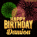 Wishing You A Happy Birthday, Damion! Best fireworks GIF animated greeting card.