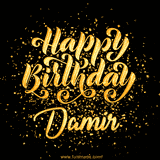 Animated GIF with colorful, festive 'Happy Birthday Damir' text decorated with patterns, a party hat, and falling confetti. A vibrant and cheerful design for birthday celebrations.