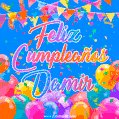 A vibrant animated GIF with 'Feliz Cumpleaños Damir' written in colorful script, surrounded by balloons, confetti, and bunting on a bright blue background.