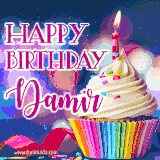 A festive animated GIF featuring a colorful cupcake with a single lit candle, sprinkles, and 'Happy Birthday Damir' text against a sparkling, celebratory background.