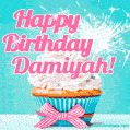 Happy Birthday Damiyah! Elegang Sparkling Cupcake GIF Image.