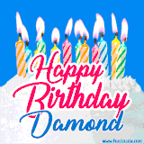 A cheerful animated GIF featuring colorful lit birthday candles on a white cake, with the text 'Happy Birthday Damond' in bold red and blue script on a bright blue background.