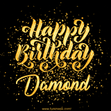 Animated GIF with colorful, festive 'Happy Birthday Damond' text decorated with patterns, a party hat, and falling confetti. A vibrant and cheerful design for birthday celebrations.