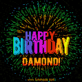 A colorful animated GIF featuring the text 'Happy Birthday Damond!' in rainbow colors with a dynamic iridescent firework display in the background.