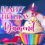 A festive animated GIF featuring a colorful cupcake with a single lit candle, sprinkles, and 'Happy Birthday Damond' text against a sparkling, celebratory background.