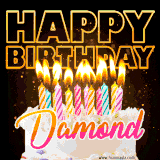 A vibrant animated GIF featuring a delicious birthday cake topped with glowing candles and the name 'Damond' in elegant script, and the words 'Happy Birthday' on the black background.