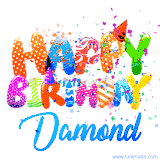 Animated GIF with colorful, festive 'Happy Birthday Damond' text decorated with patterns, a party hat, and falling confetti. A vibrant and cheerful design for birthday celebrations.