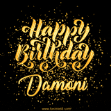 Animated GIF with colorful, festive 'Happy Birthday Damoni' text decorated with patterns, a party hat, and falling confetti. A vibrant and cheerful design for birthday celebrations.
