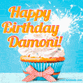 A cheerful animated GIF of a cupcake with creamy frosting, a red checkered ribbon, and a bright sparkler on top. The text 'Happy Birthday Damoni!' is displayed in vibrant orange and red.