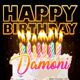 A vibrant animated GIF featuring a delicious birthday cake topped with glowing candles and the name 'Damoni' in elegant script, and the words 'Happy Birthday' on the black background.