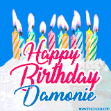 A cheerful animated GIF featuring colorful lit birthday candles on a white cake, with the text 'Happy Birthday Damonie' in bold red and blue script on a bright blue background.