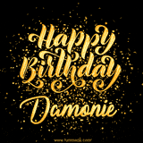 Animated GIF with colorful, festive 'Happy Birthday Damonie' text decorated with patterns, a party hat, and falling confetti. A vibrant and cheerful design for birthday celebrations.