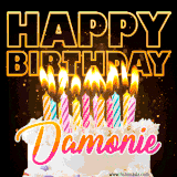 A vibrant animated GIF featuring a delicious birthday cake topped with glowing candles and the name 'Damonie' in elegant script, and the words 'Happy Birthday' on the black background.