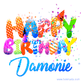 Animated GIF with colorful, festive 'Happy Birthday Damonie' text decorated with patterns, a party hat, and falling confetti. A vibrant and cheerful design for birthday celebrations.