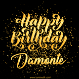 Animated GIF with colorful, festive 'Happy Birthday Damonte' text decorated with patterns, a party hat, and falling confetti. A vibrant and cheerful design for birthday celebrations.