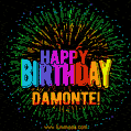 A colorful animated GIF featuring the text 'Happy Birthday Damonte!' in rainbow colors with a dynamic iridescent firework display in the background.