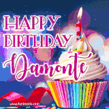 A festive animated GIF featuring a colorful cupcake with a single lit candle, sprinkles, and 'Happy Birthday Damonte' text against a sparkling, celebratory background.