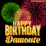 A captivating GIF with bursts of green, pink, and orange fireworks lighting up the night sky, accompanied by 'Happy Birthday Damonte' in glowing golden text.
