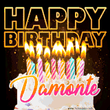 A vibrant animated GIF featuring a delicious birthday cake topped with glowing candles and the name 'Damonte' in elegant script, and the words 'Happy Birthday' on the black background.