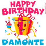 A funny animated birthday GIF with the words 'Happy Birthday Damontea', colorful gift box with arms and legs, holding a cupcake with a lit candle  with confetti everywhere.