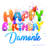 Animated GIF with colorful, festive 'Happy Birthday Damonte' text decorated with patterns, a party hat, and falling confetti. A vibrant and cheerful design for birthday celebrations.