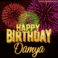 Wishing You A Happy Birthday, Damya! Best fireworks GIF animated greeting card.