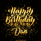 Animated GIF with colorful, festive 'Happy Birthday Dan' text decorated with patterns, a party hat, and falling confetti. A vibrant and cheerful design for birthday celebrations.