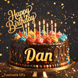 Happy Birthday Dan animated GIF displaying a chocolate drip cake decorated with multicolored icing and lit candles.