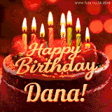 Beautifully decorated red velvet berry birthday cake with vibrant fruits and a glowing 'Dana' name, adding a touch of sweetness and sparkle.