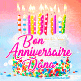 A white birthday cake covered in colorful sprinkles, topped with bright candles, and French text 'Bon Anniversaire Dana' on a pastel gradient background in an animated GIF.