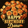 Beautiful bouquet of orange and red roses for Dana, golden inscription and twinkling stars