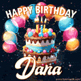 Hand-drawn happy birthday cake adorned with an arch of colorful balloons - name GIF for Dana