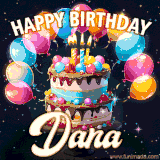 Bright birthday animation for Dana with a chocolate cake, candles, balloons, and glowing celebratory lights.