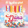 Personalized for Dana elegant birthday cake adorned with rainbow sprinkles, colorful candles and glitter
