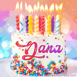 A cheerful white birthday cake with multicolor sprinkles, lit candles, and 'Dana' written in vibrant letters, in an animated GIF.