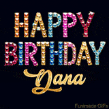 Vibrant luxury birthday greeting card for Dana, showing glittering gemstone letters and golden calligraphy on a dark background with twinkling shine effects.