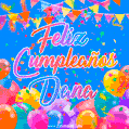 A vibrant animated GIF with 'Feliz Cumpleaños Dana' written in colorful script, surrounded by balloons, confetti, and bunting on a bright blue background.
