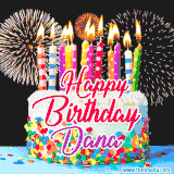 A lively happy birthday animated GIF showcasing a colorful birthday cake covered in sprinkles, topped with glowing candles, and surrounded by vibrant fireworks. The name 'Dana' is featured in elegant script.