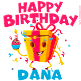 A funny animated birthday GIF with the words 'Happy Birthday Danaa', colorful gift box with arms and legs, holding a cupcake with a lit candle  with confetti everywhere.