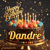 Custom birthday ecard for Dandre showing a gourmet chocolate cake on a dark background with golden star sparkles.