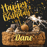 Animated GIF featuring the text 'Happy Birthday Dane' written in glittering gold above the luxurious chocolate birthday cake adorned with truffles, gold stars, and sparklers.