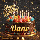 Shimmering animated card featuring a festive chocolate birthday cake with burning candles and the name Dane.