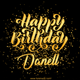 Animated GIF with colorful, festive 'Happy Birthday Danell' text decorated with patterns, a party hat, and falling confetti. A vibrant and cheerful design for birthday celebrations.