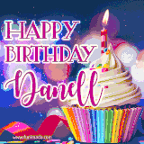A festive animated GIF featuring a colorful cupcake with a single lit candle, sprinkles, and 'Happy Birthday Danell' text against a sparkling, celebratory background.